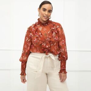 Eloquii Ruffle Neck Floral Print Blouse